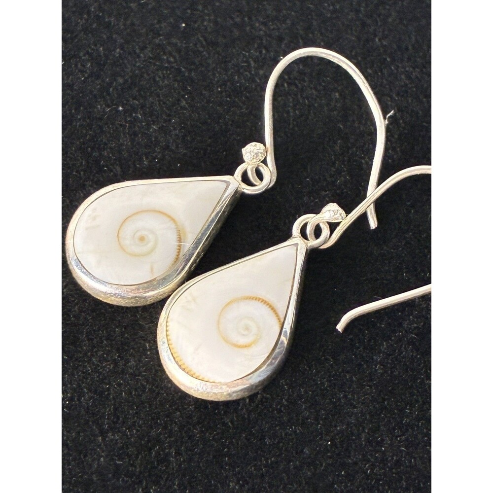 Vintage Sterling Silver Shiva Eye Shell Swirl Teardrop Hook Dangle 925 Earrings